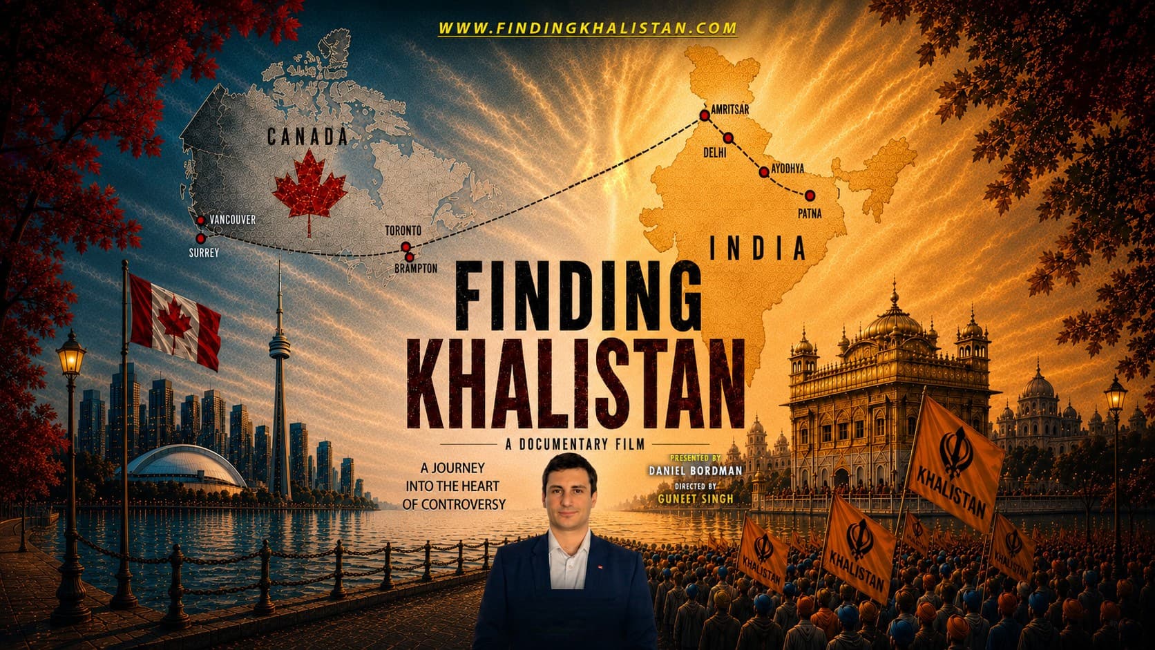 The finished poster: “Finding Khalistan — a documentary film. A journey into the heart of controversy”, presented by Daniel Bordman, directed by Guneet Singh.
